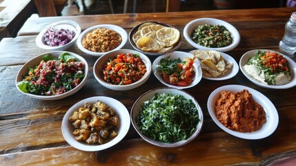 Assorted regional dishes served in traditional bowls showcasing vibrant colors and fresh ingredients on a rustic wooden table.