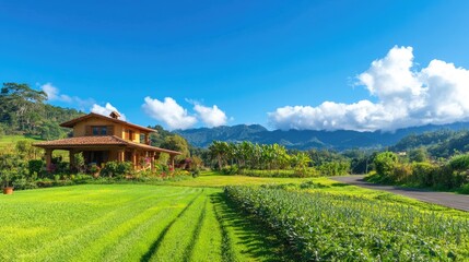 Fototapeta premium Rural vacation home nestled in a lush meadow with scenic garden road under a clear blue sky and majestic mountains in the background