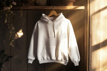 White hoodie sweatshirt mockup hanging on a wooden hanger displayed in a sunlit room, creating a cozy and stylish atmosphere