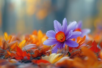 Fototapeta premium A single purple flower sits atop a vibrant orange field