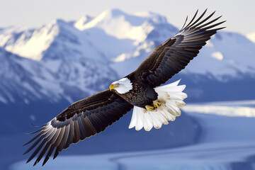 A bald eagle soaring high above a mountain range, its wings outstretched and its white head gleaming against the clear blue sky.