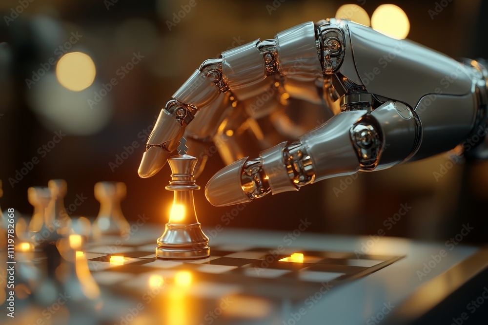 Poster robotic hand making a strategic move in a chess game on a wooden board in a modern setting