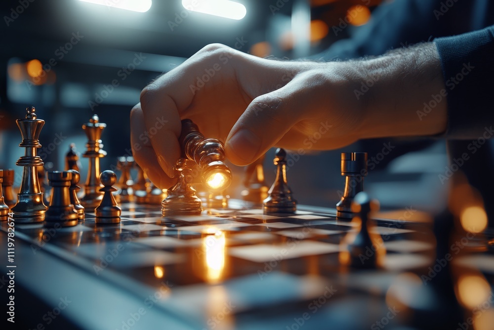 Poster chess game in progress with a player contemplating their next strategic move under soft lighting