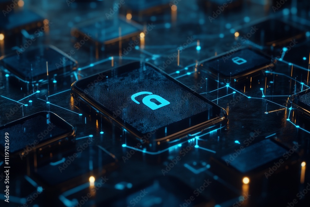 Aufkleber futuristic digital lock symbol displayed on a smartphone screen surrounded by connected devices repr