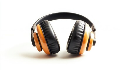 Stylish black and orange ear muffs positioned against a clean white background for a modern auditory experience display.