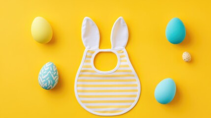 Easter themed baby bib mockup with bunny ears and colorful eggs flat lay for personalized design and text space on vibrant yellow background