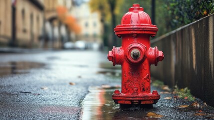 Close up of vibrant red fire hydrant on a rainy French street highlighting urban emergency infrastructure and city life.
