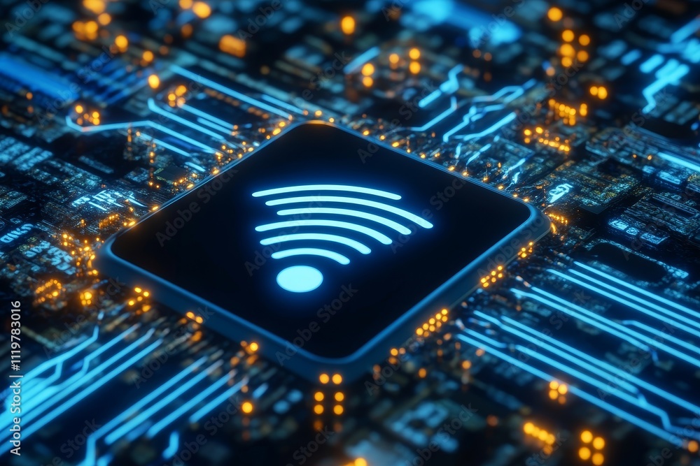 Poster close-up view of a circuit board featuring a wi-fi signal icon with glowing blue background and high