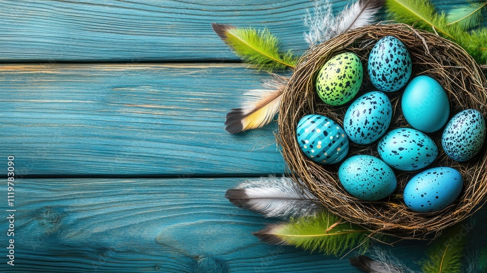 Poster easter themed decorative quail eggs nestled in a rustic nest with colorful feathers on a vibrant woo