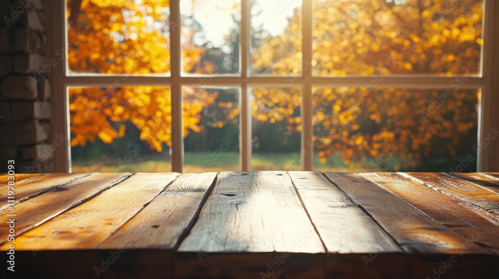 Poster empty rustic wooden table with sunlight streaming through window showcasing autumn foliage in the ba