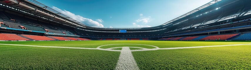 Empty soccer stadium under a sunny sky.