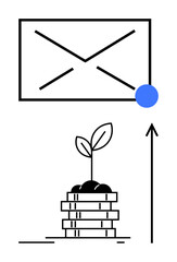 Envelope plant sprouting from coins upward arrow symbolize email impact on growth. Ideal for business, finance, communication, technology, success, digital, innovation. Line metaphor