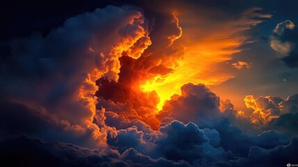 Dramatic Sunset Overcast Sky with Vibrant Red Orange Yellow Highlights Against Deep Blue Twilight Background