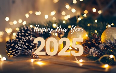 Festive New Year 2025 Celebration Flat Lay with Gold and White Decorations, Balloons, and Fans in an Elegant and Cheerful Holiday Theme