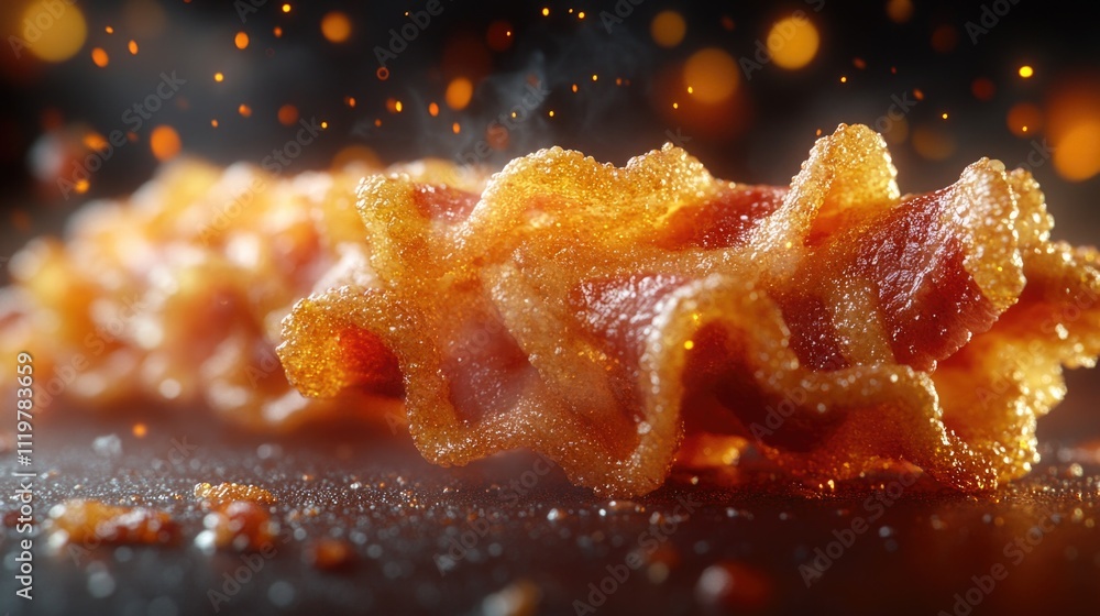 Poster a plate or table with a pile of crispy bacon slices