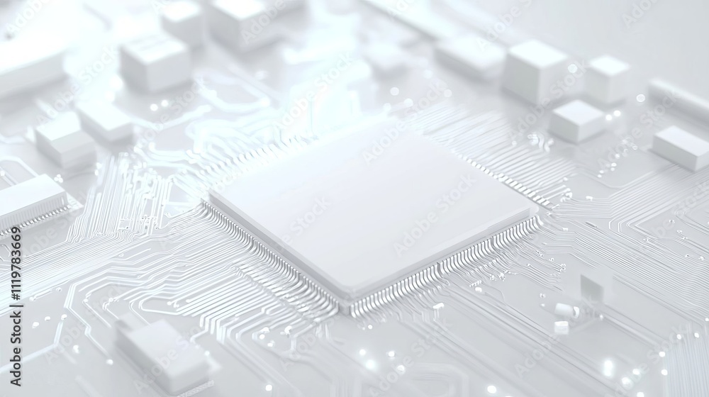 Aufkleber a white square in the center of a circuit board with some wires and chips around it, 3d rendering st