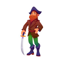 Cartoon pirate captain character, corsair seaman or sailor standing confidently with trusty saber and tricorn hat, ready for adventures and treasure hunts. Isolated vector bearded sea rover personage