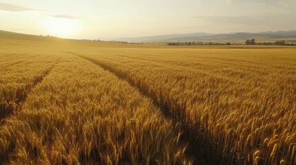 Obraz premium Aerial view of golden wheat and corn fields under a beautiful sunset showcasing agricultural abundance and vibrant rural landscapes.
