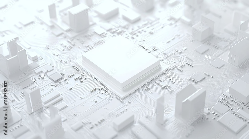 Aufkleber a white square in the center of a circuit board with some wires and chips around it, 3d rendering st