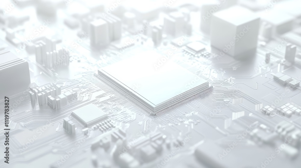 Aufkleber a white square in the center of a circuit board with some wires and chips around it, 3d rendering st
