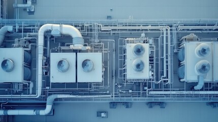 Roof-mounted factory air conditioning and ventilation systems showcasing intricate piping and equipment arrangement for industrial climate control