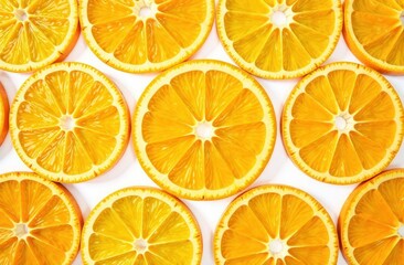 Fototapeta premium Sliced oranges beautifully arranged in a perfect circle on a white background