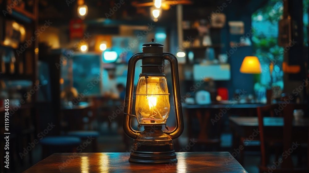Aufkleber vintage lantern illuminated in a cozy cafe setting with warm lighting creating an inviting atmospher