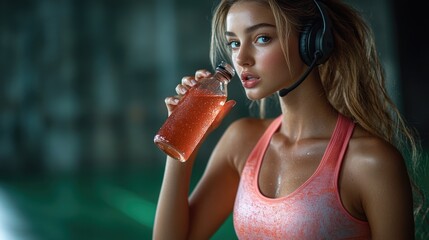 A woman enjoying her drink while listening to music through her headphones