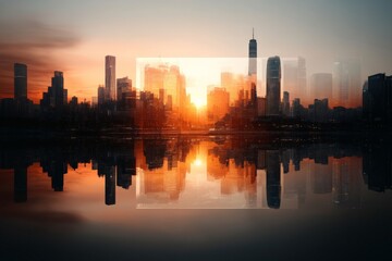 Fototapeta premium Urban skyline bathed in warm sunset light reflecting on calm waters of the river