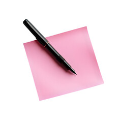 A black pen resting diagonally on a pink sticky note on a transparent background