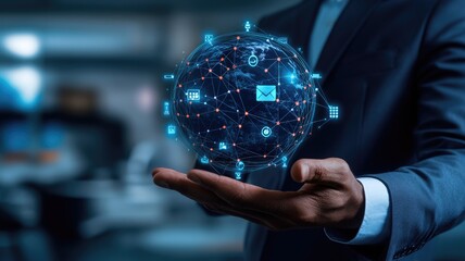 Businessman holding a digital Earth globe with global network and connectivity icons in hand, symbolizing worldwide business on the internet or technology , generative ai 