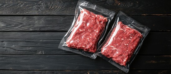 Two vacuum-sealed packages of raw ground beef on a dark wooden background.
