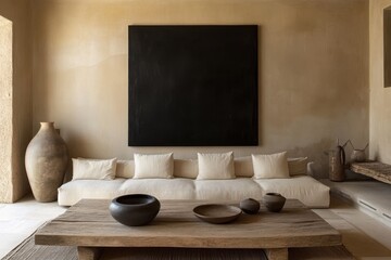 Minimalist living room neutral tones large black square artwork
