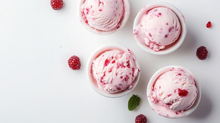 Refreshing raspberry ice cream served in bowls with fresh berries and mint leaves on a clean white background