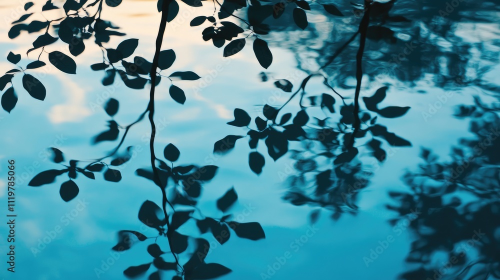 Poster serene reflections of leaves and branches on tranquil blue water at dawn with soft focus shadows cre