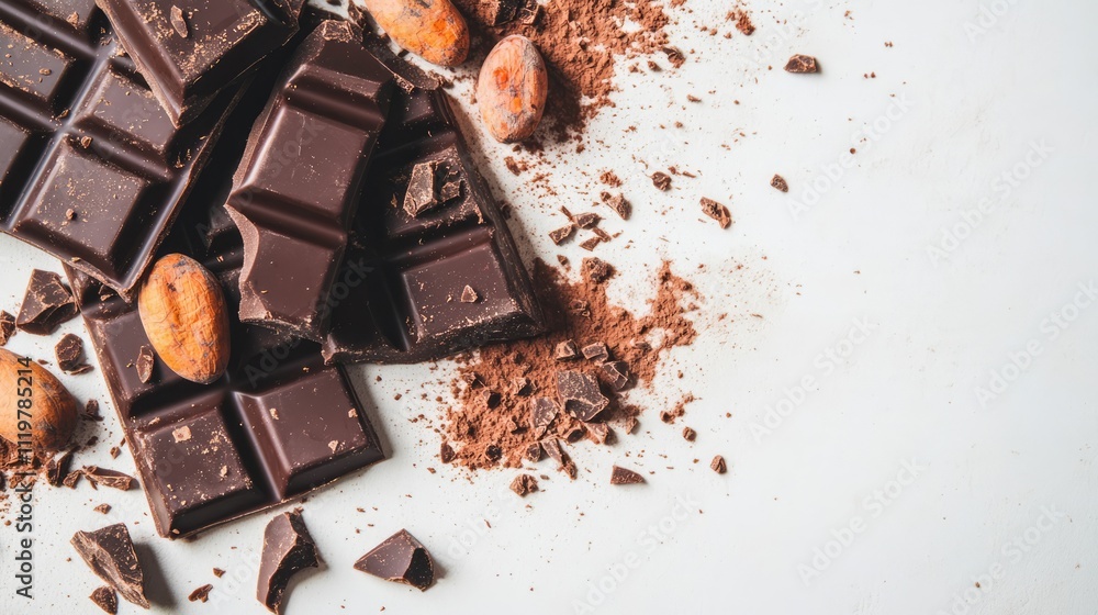 Poster rich dark chocolate bars and cocoa pieces scattered on a clean white background, featuring cocoa nib