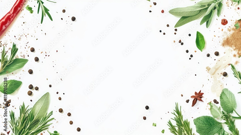 Poster cooking spices and herbs arranged creatively on a white background with ample space for custom text 