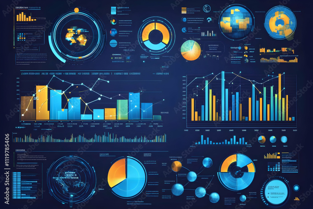 Aufkleber futuristic data visualization dashboard with charts, graphs, and world map.
