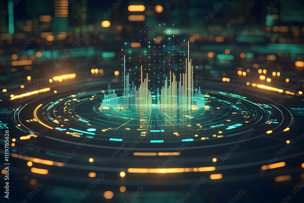Poster futuristic digital data visualization interface.