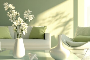 Minimalist living room sage green walls white modern sofa