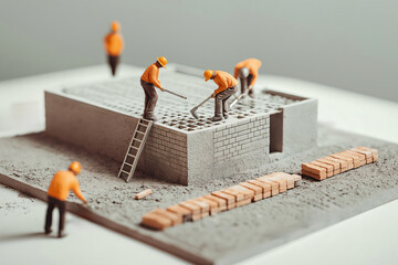 Miniature construction workers are building the concrete foundation of a new house using miniature bricks and tools