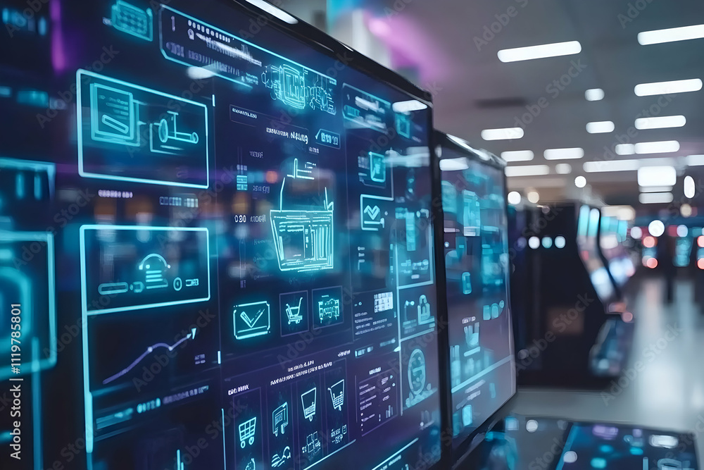 Poster futuristic digital displays showing data analytics and shopping cart icons in a modern retail enviro