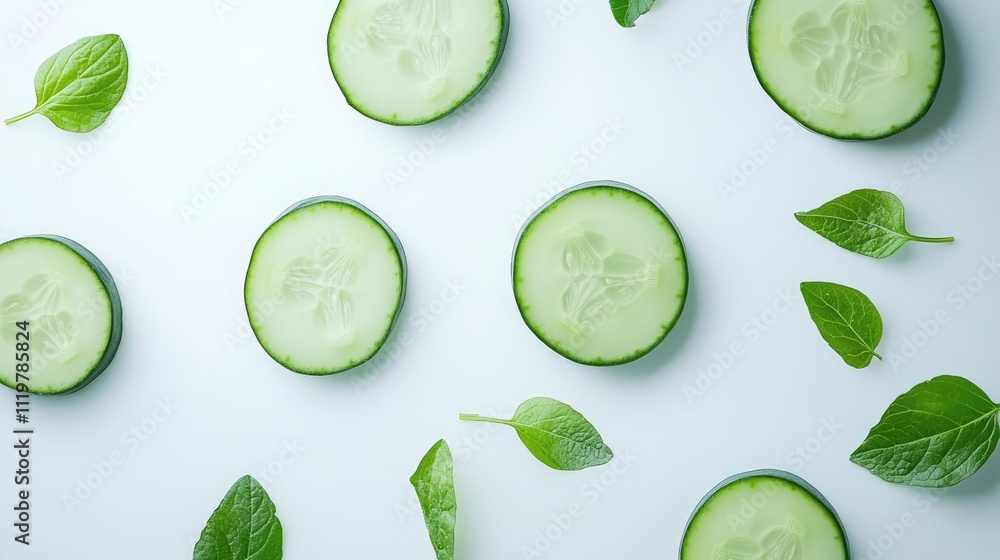 Aufkleber cucumber slices arranged with fresh green leaves on a clean white background creating a refreshing a