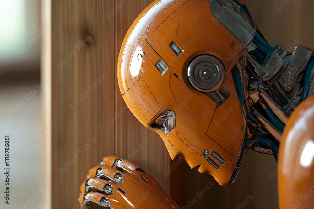 Poster robot with orange exterior in a contemplative pose against wooden background in a minimalistic setti