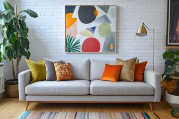 Minimalist living room Scandinavian design light gray sofa
