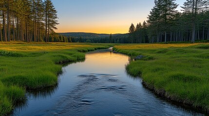 Sunset over calm stream in lush green meadow.