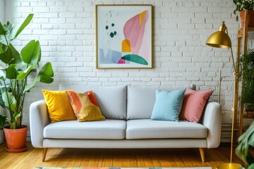 Minimalist living room Scandinavian design light gray sofa