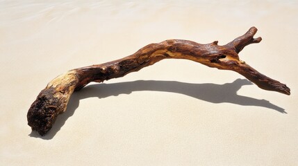 Obraz premium Driftwood piece resting on pristine sandy beach under sunlight creating natural coastal ambiance