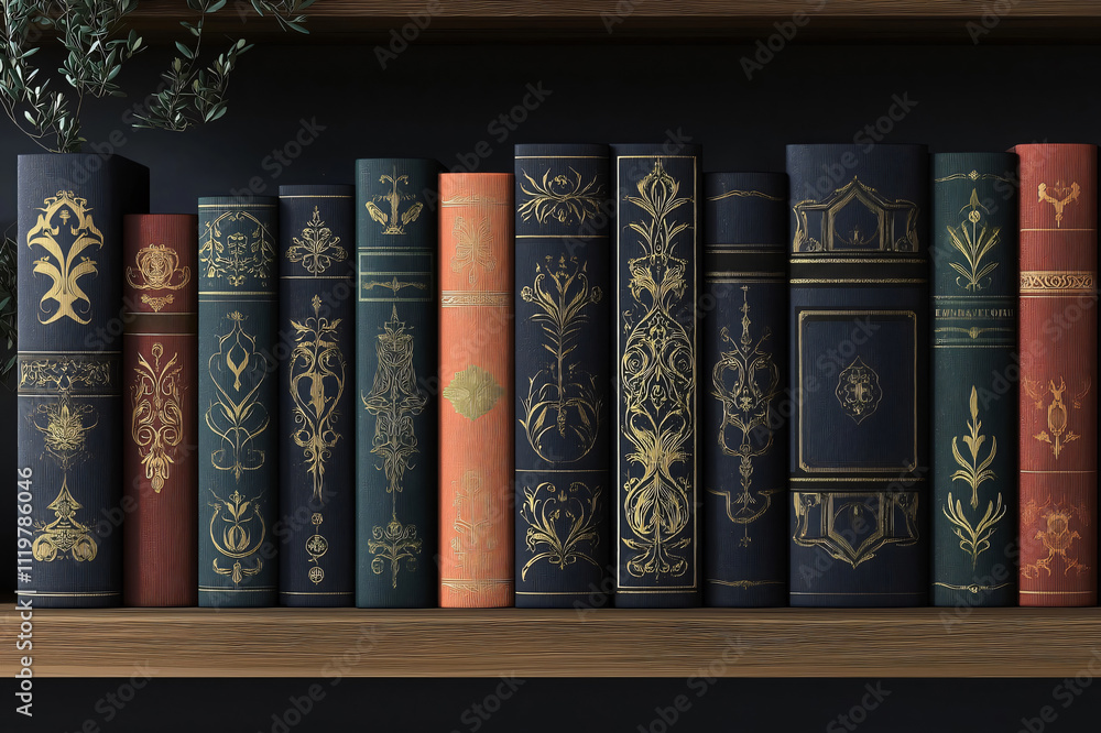 Poster row of customizable books with elegant golden ornaments stands on a wooden shelf, creating a sophist