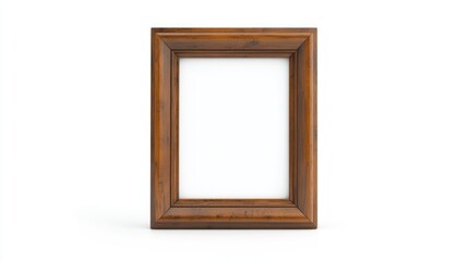 Fototapeta premium Vertical brown wooden picture frame on white background ideal for displaying photos or artworks in a stylish and classic manner.
